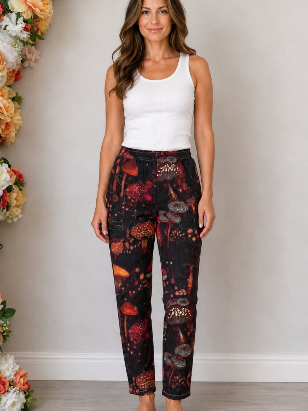 Mushroom Print Elastic Waist Lounge Pants Size S Black Red Orange Straight Leg